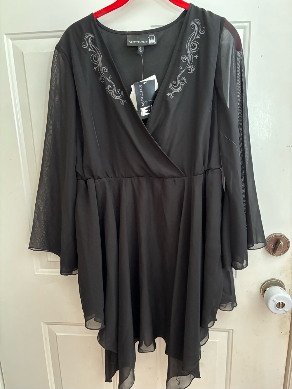 Antthony Black Asymmetrical Chiffon V-Neck tunic with pants with Embroidery